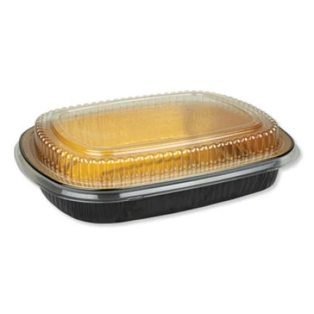 Aluminum Closeable Containers, 63 Oz, 11.25 X 1.75 X 8.88, Black/Gold, 50/Carton 1 Aluminum Closeable Containers, 63 Oz, 11.25 X 1.75 X 8.88, Black/Gold, 50/Carton