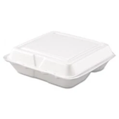 Dart White Foam Hinged Lid, 3 Compartment Food Container, 8" X 7 1/2" X 2 3/10" - 200 Pcs