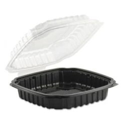 Culinary Basics Microwavable Containers, 46.5 Oz., 10.5 X 9.5 X 2.5, Clear/Black, 100/Carton