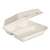 Dart Bare By Eco-Forward Bagasse Hinged Lid Containers, 3-Compartment, 9-3/5" X 9-2/5" X 3-1/5" - 200 Pcs