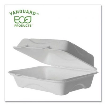 Eco-Products Vanguard Renewable And Compostable Sugarcane Clamshells, 1-Compartment, 9" W X 6" D X 3" H, 250/Carton 1 Eco-Products Vanguard Renewable And Compostable Sugarcane Clamshells, 1-Compartment, 9" W X 6" D X 3" H, 250/Carton