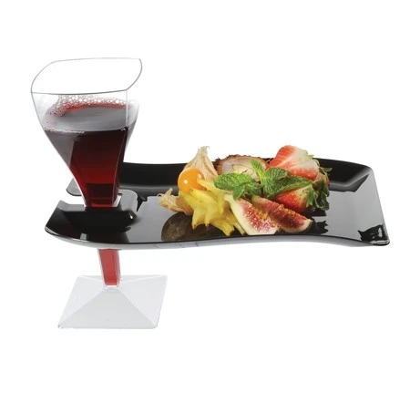 Fineline Settings 1409-BK Wavetrends Black Rectangular Plastic Cocktail Plate With Stemware Hole 6" X 9-1/2" - 10 Doz 1 Fineline Settings 1409-BK Wavetrends Black Rectangular Plastic Cocktail Plate With Stemware Hole 6" X 9-1/2" - 10 Doz