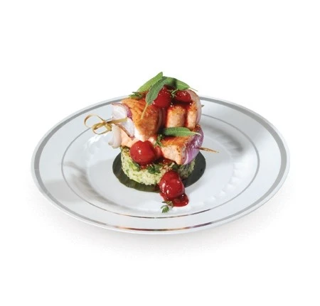 Fineline Settings 507-WH White With Silver Rim Plastic Plate 7-1/2" - 150 Pcs 1 Fineline Settings 507-WH White With Silver Rim Plastic Plate 7-1/2" - 150 Pcs