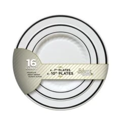 Fineline Settings BB507 Silver Splendor White Plastic Plates Party Combo - 256 Pcs