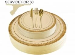 TigerChef Disposable Plastic Plate And Silverware Combo Set, Florid Cream And Gold - Service For 60