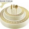 TigerChef Disposable Plastic Plate And Silverware Combo Set, Swirly Cream And Gold - Service For 60
