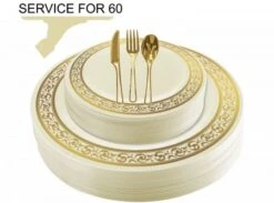 TigerChef Disposable Plastic Plate And Silverware Combo Set, Swirly Cream And Gold - Service For 60