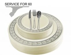 TigerChef Disposable Plastic Plate And Silverware Combo Set, Swirly Cream And Silver - Service For 60