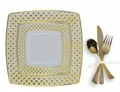 TigerChef Gold Plastic Square Dinner Plates And Silverware Set - Service For 20