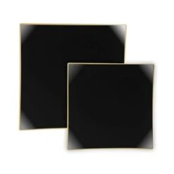 TigerChef Black With Gold Trim Square Coupe Plastic Appetizer Plate 8" - 10 Pcs