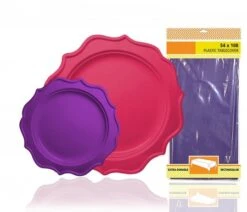 TigerChef Heavy Duty Purple And Hot Pink Scalloped Rim Disposable Party Plates Set With Tablecloth - Service For 24