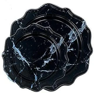 TigerChef Black Marble Round Scalloped Rim Disposable Plastic Plates, Includes 10" Dinner Plates & 8" Salad Plates, Service For 48 1 TigerChef Black Marble Round Scalloped Rim Disposable Plastic Plates, Includes 10" Dinner Plates & 8" Salad Plates, Service For 48