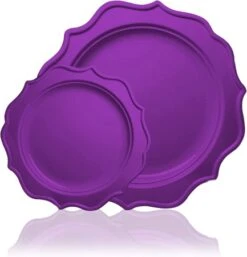 TigerChef Purple Scalloped Rim Disposable Plates Set, Includes 10" And 8" Plate, Service For 48