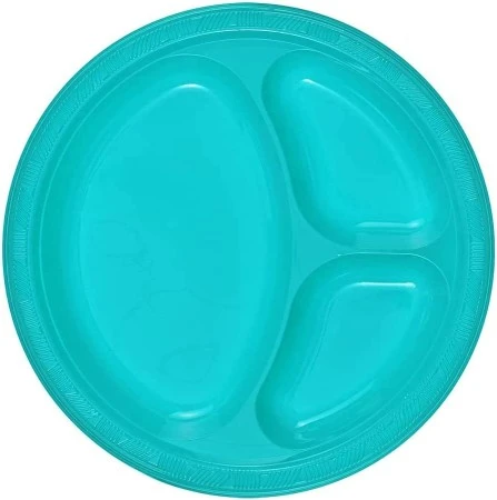 TigerChef Turquoise Plastic 3 Compartment Divided Plate 10", 56/Pack 1 TigerChef Turquoise Plastic 3 Compartment Divided Plate 10", 56/Pack