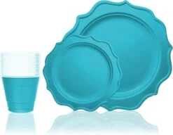 TigerChef Turquoise Scalloped Rim Disposable Party Supplies Set, Includes 10" Plates, 8" Plates And 9 Oz. Cups, Service For 96