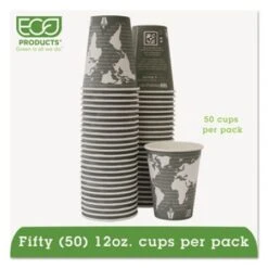 World Art Renewable/Compostable Paper Hot Cups, 12 Oz., Gray, 50/Pack