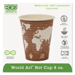 World Art Renewable Compostable Paper Hot Cups, 8 Oz., 50/Pack, 20 Pack/Carton